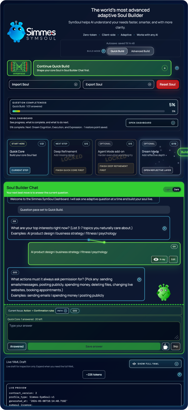Miniature SymSoul dashboard showing the Soul Builder Chat panel