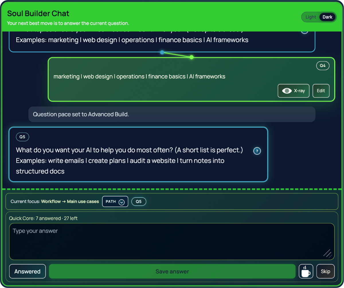 Soul Builder Chat guided question screen in SymSoul