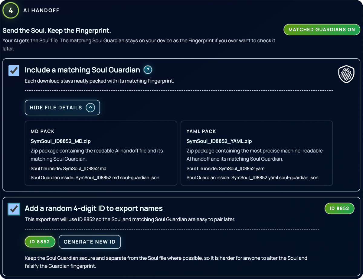 Soul Guardian matching fingerprint export screen in SymSoul