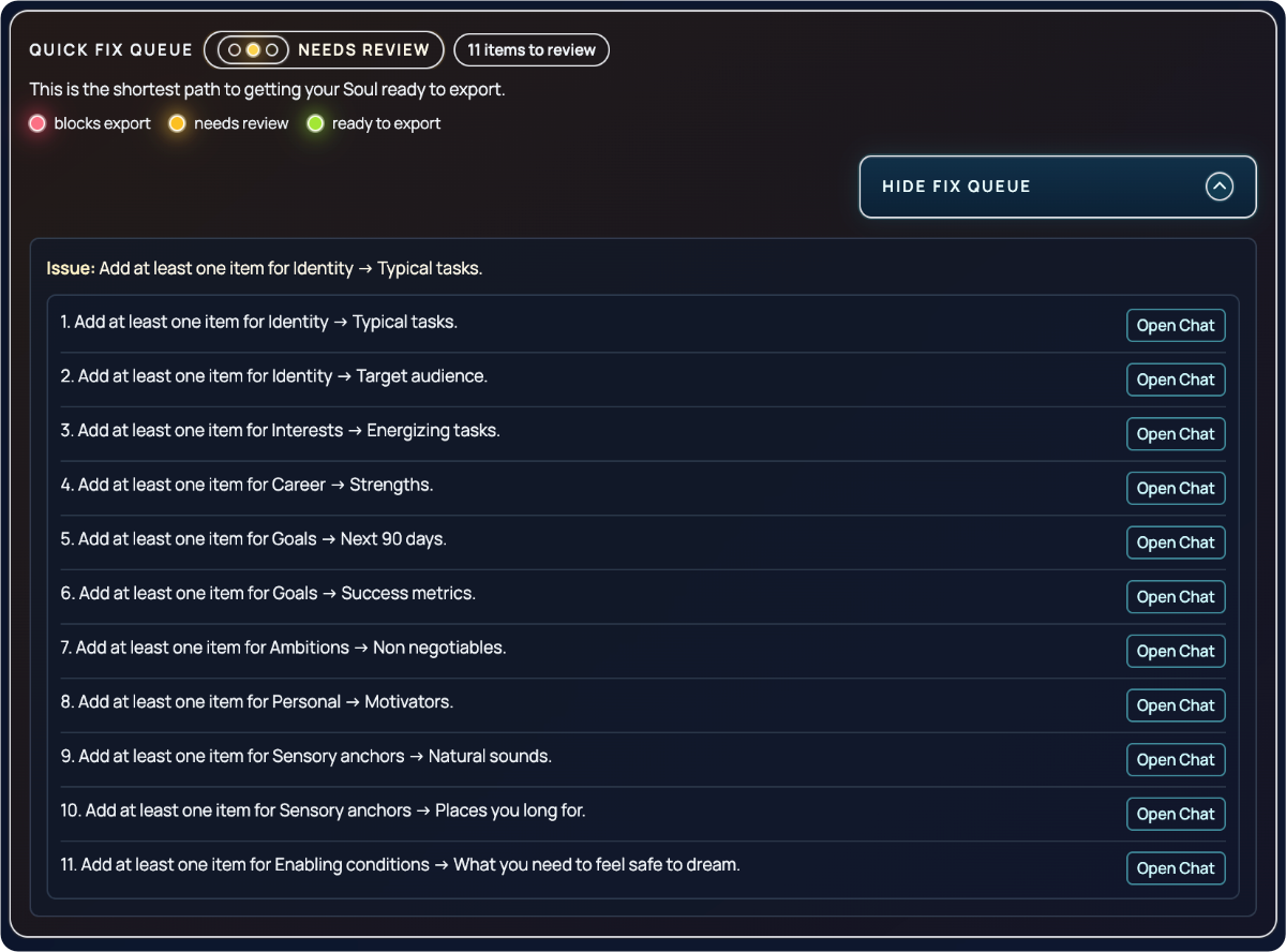 Quick Fix Queue review screen in SymSoul