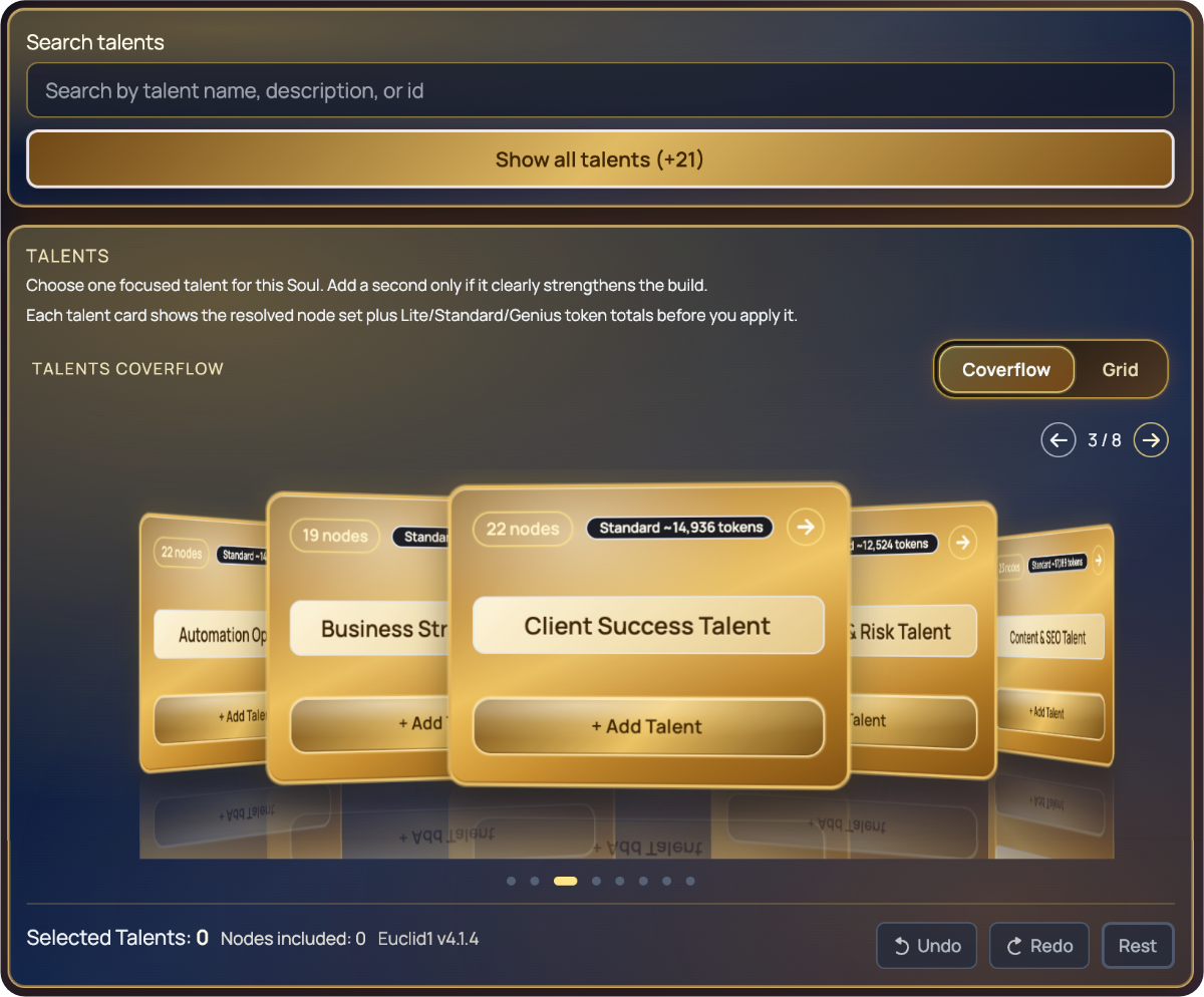 Talents coverflow screen in SymSoul