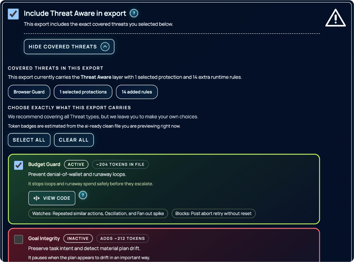 Threat Aware export screen in SymSoul