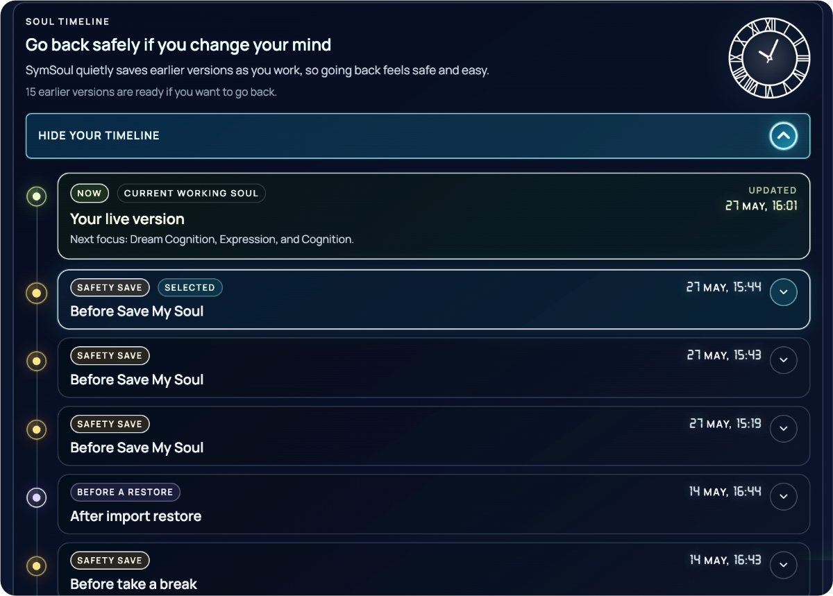 Soul Timeline history screen in SymSoul