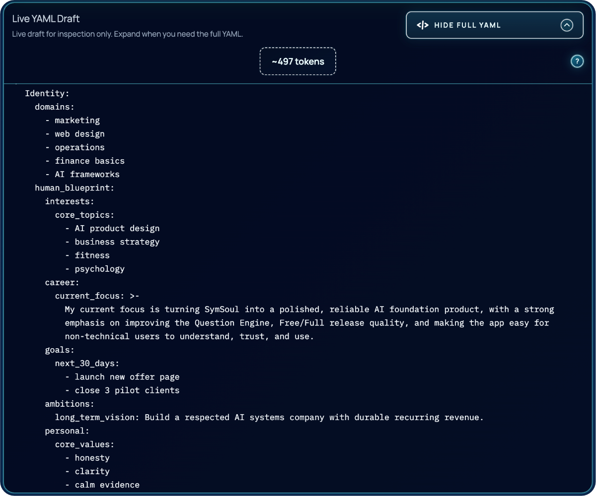 Live YAML draft inspection screen in SymSoul