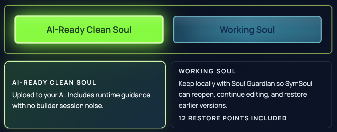 Miniature SymSoul export panel showing AI-ready Clean Soul and Working Soul options