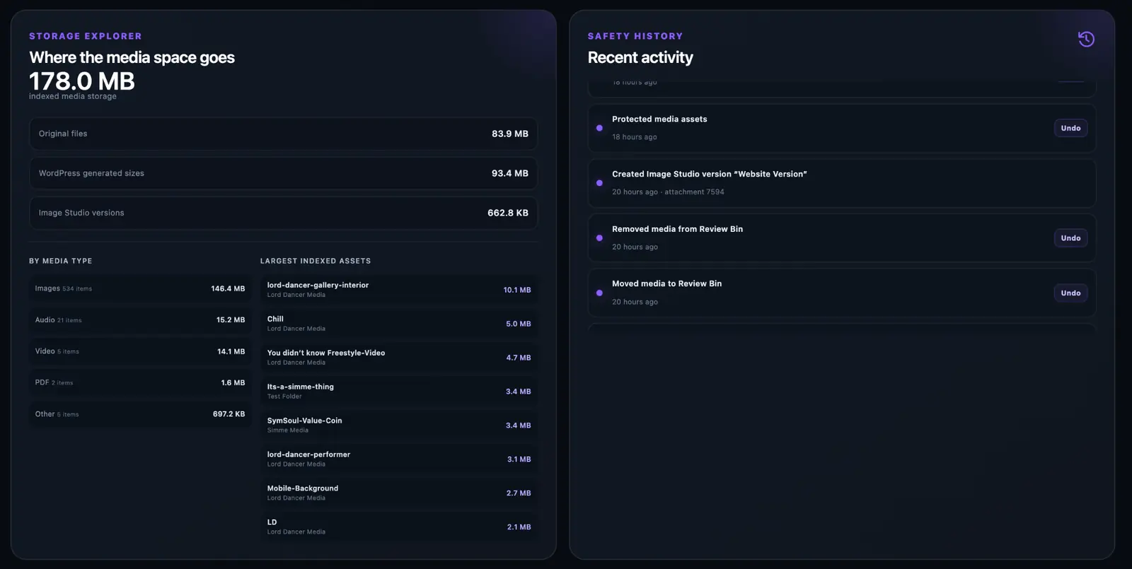 Storage Explorer and Safety History in Simme Media Organiser