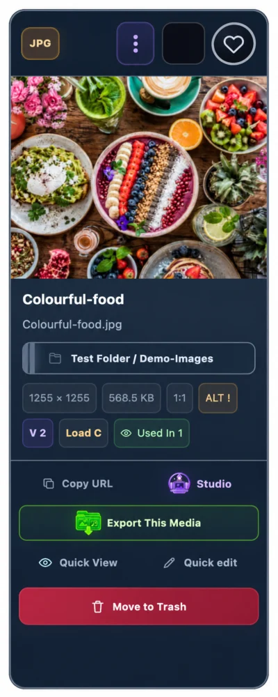 Simme Media Organiser Colourful-food media panel showing folder, file information, usage, Studio and media actions